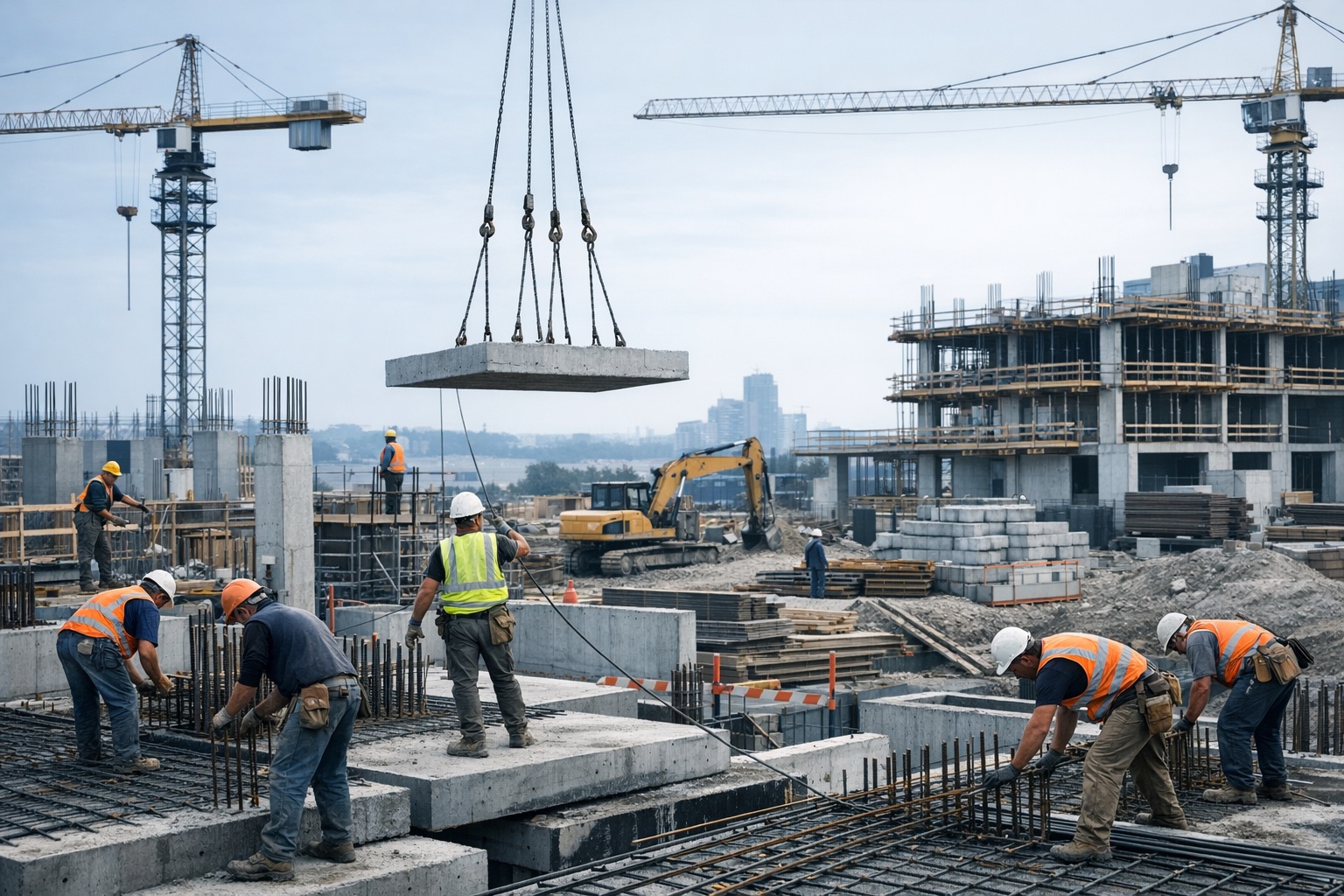 Aerial view of an active construction site with cranes and concrete structure