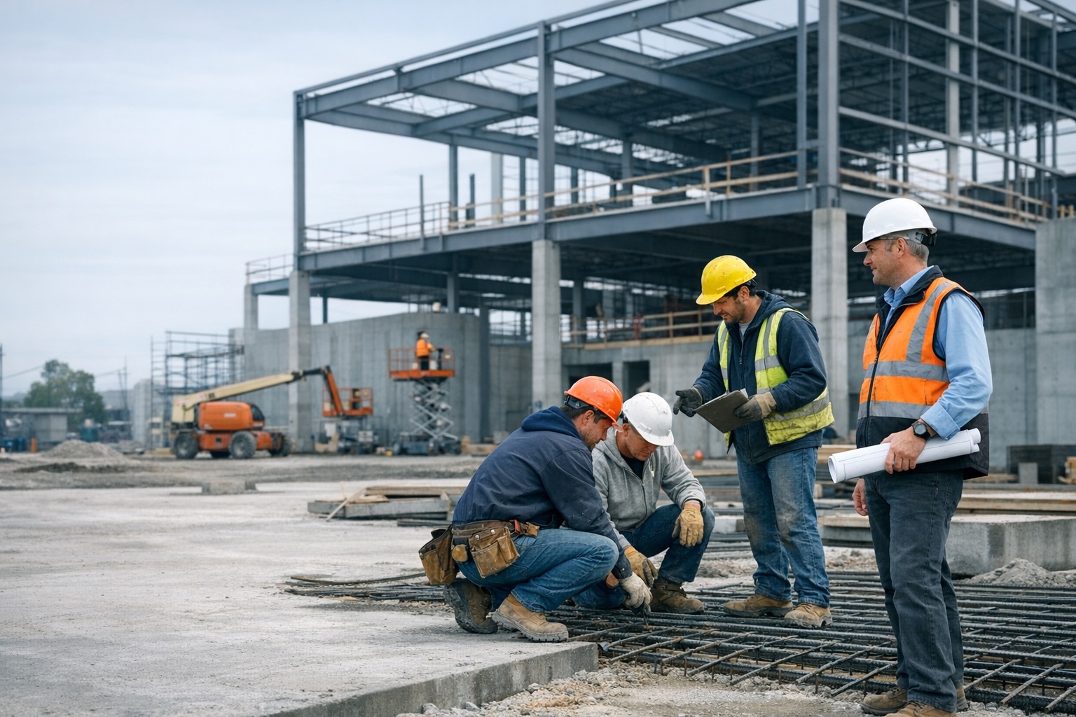 Construction team working on a large building frame at sunset