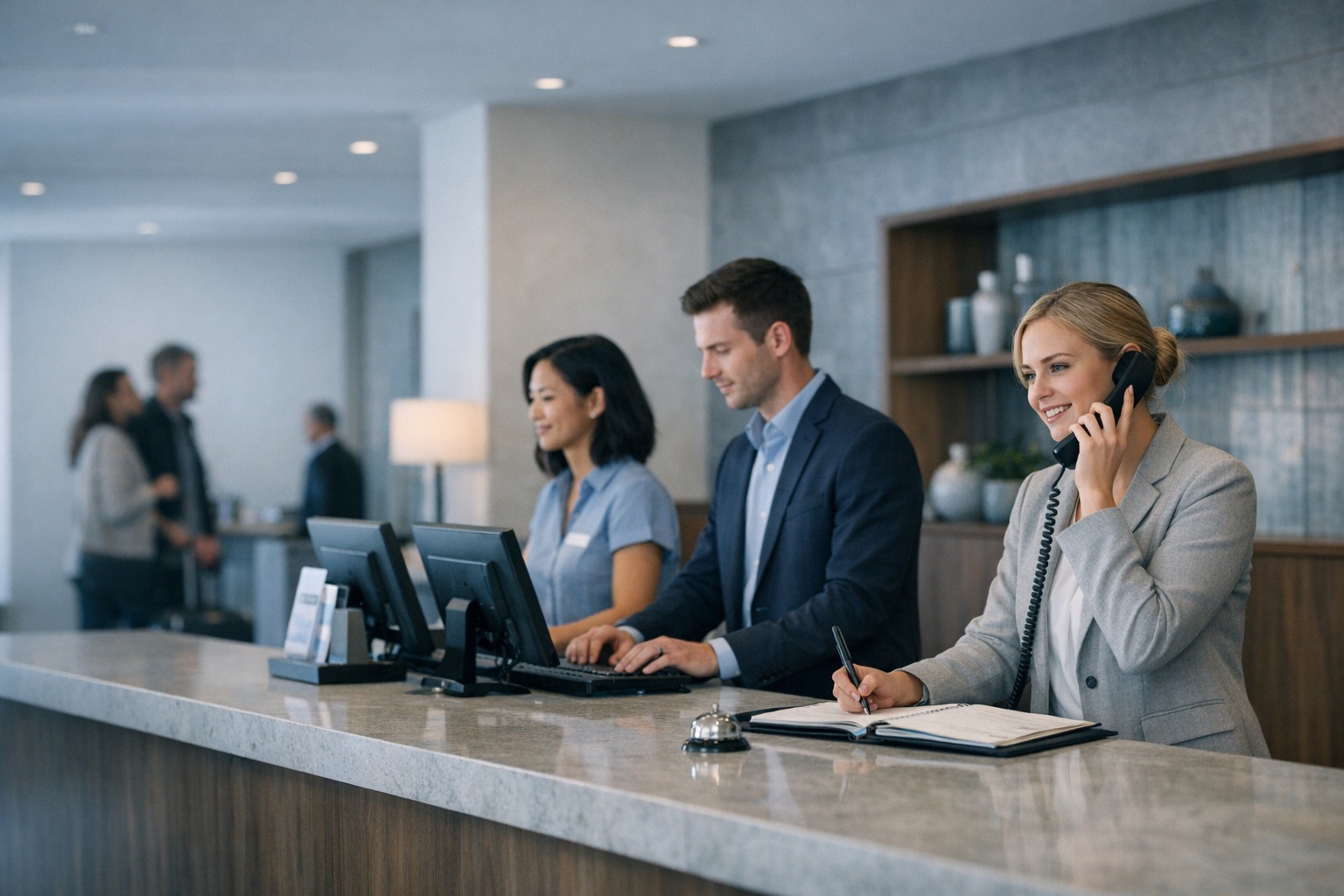 Hospitality team in an elegant hotel lobby during service
