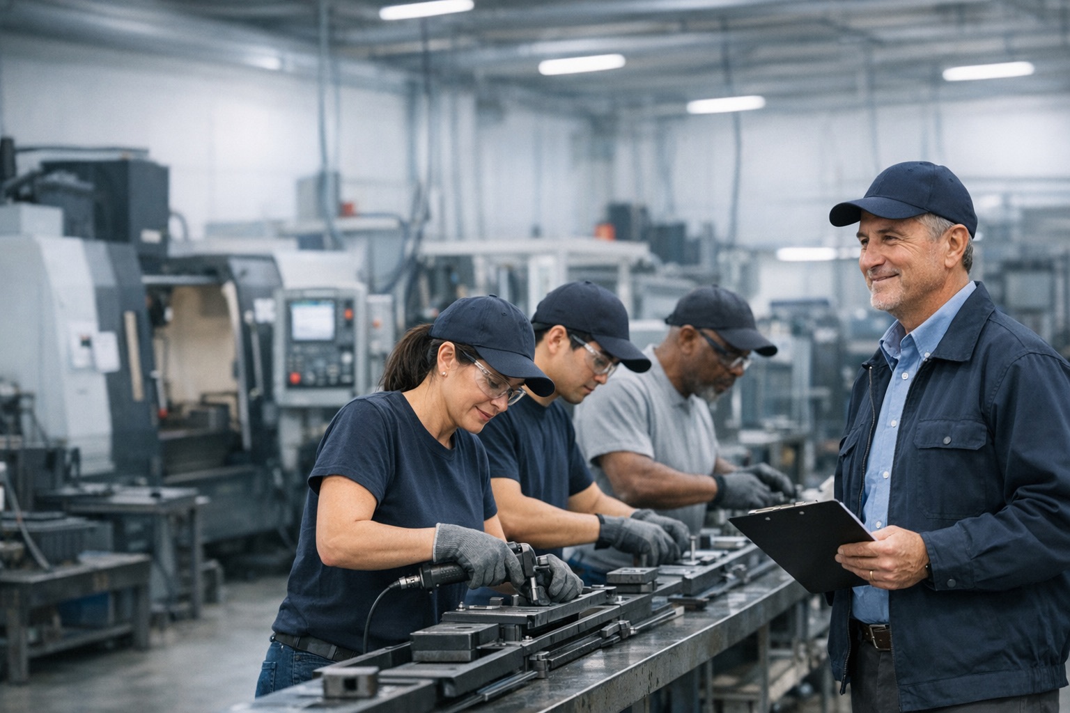 Manufacturing team on an active production floor