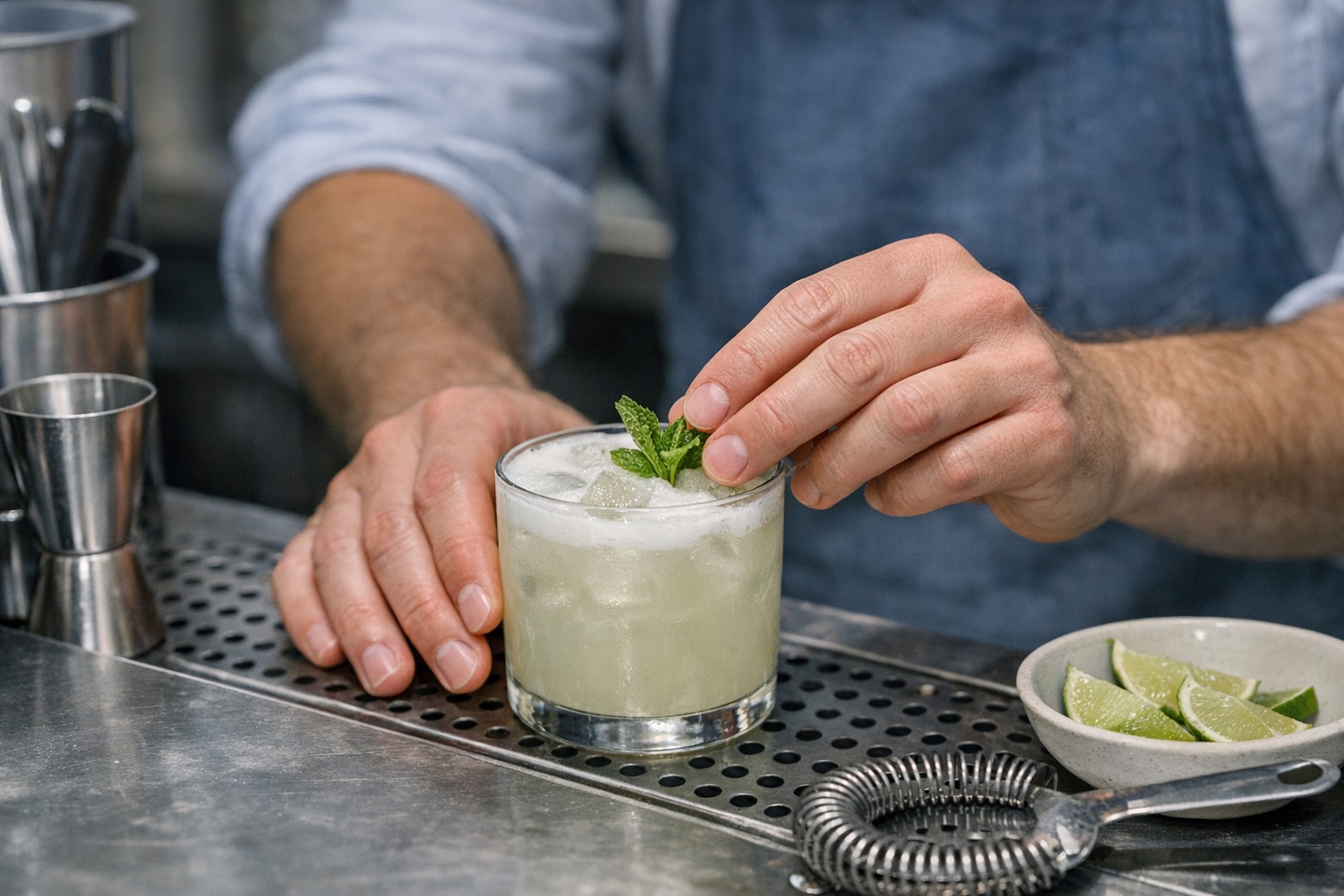 Close-up of skilled hospitality work preparing a dish or drink