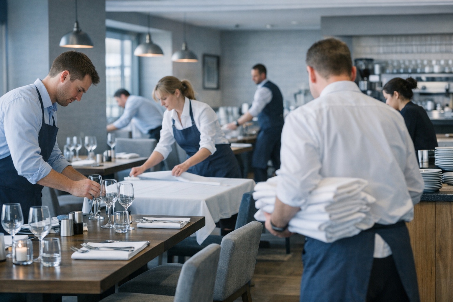 Restaurant dining room and service floor prepared for evening service