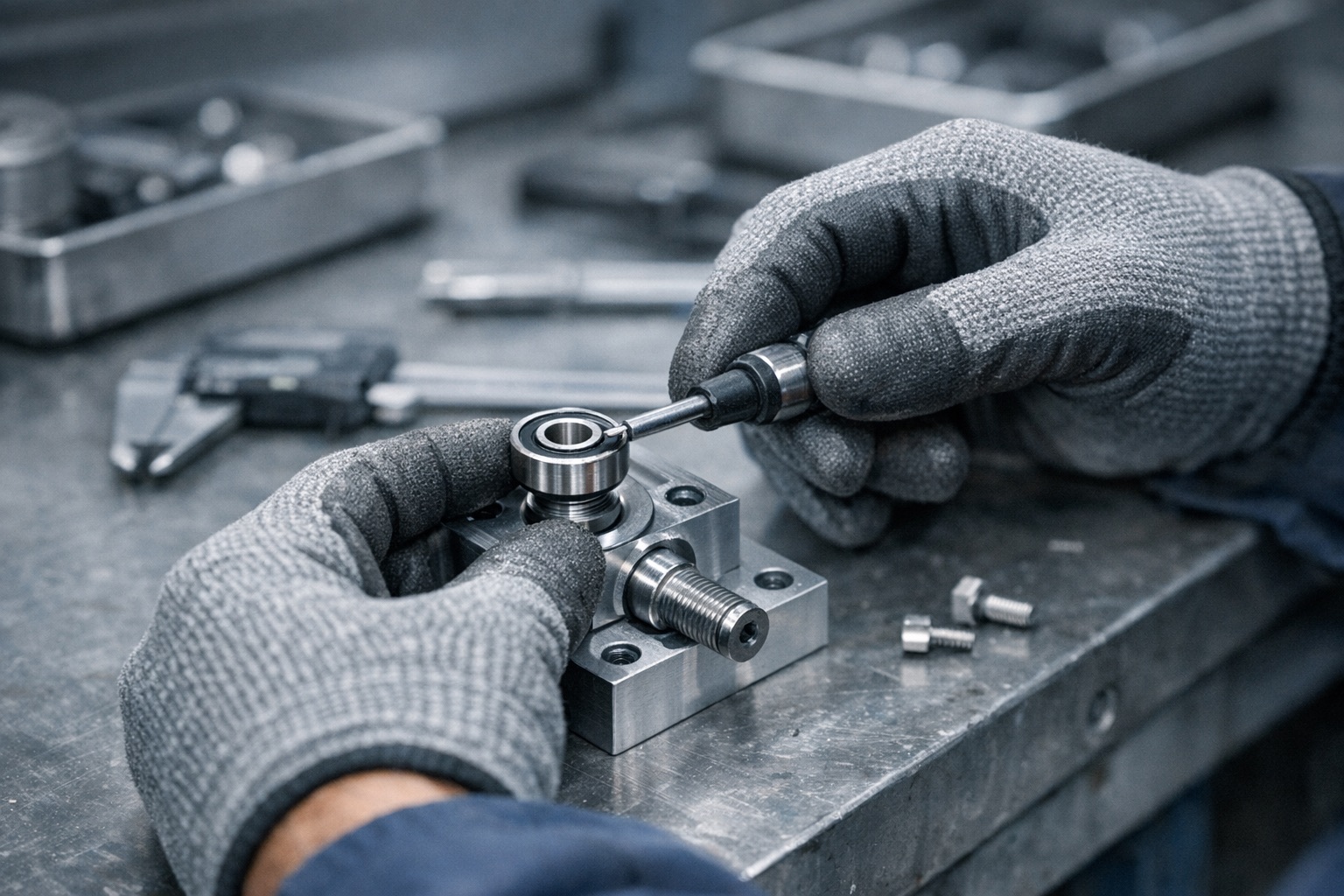 Close-up of precise manufacturing work on an assembly bench