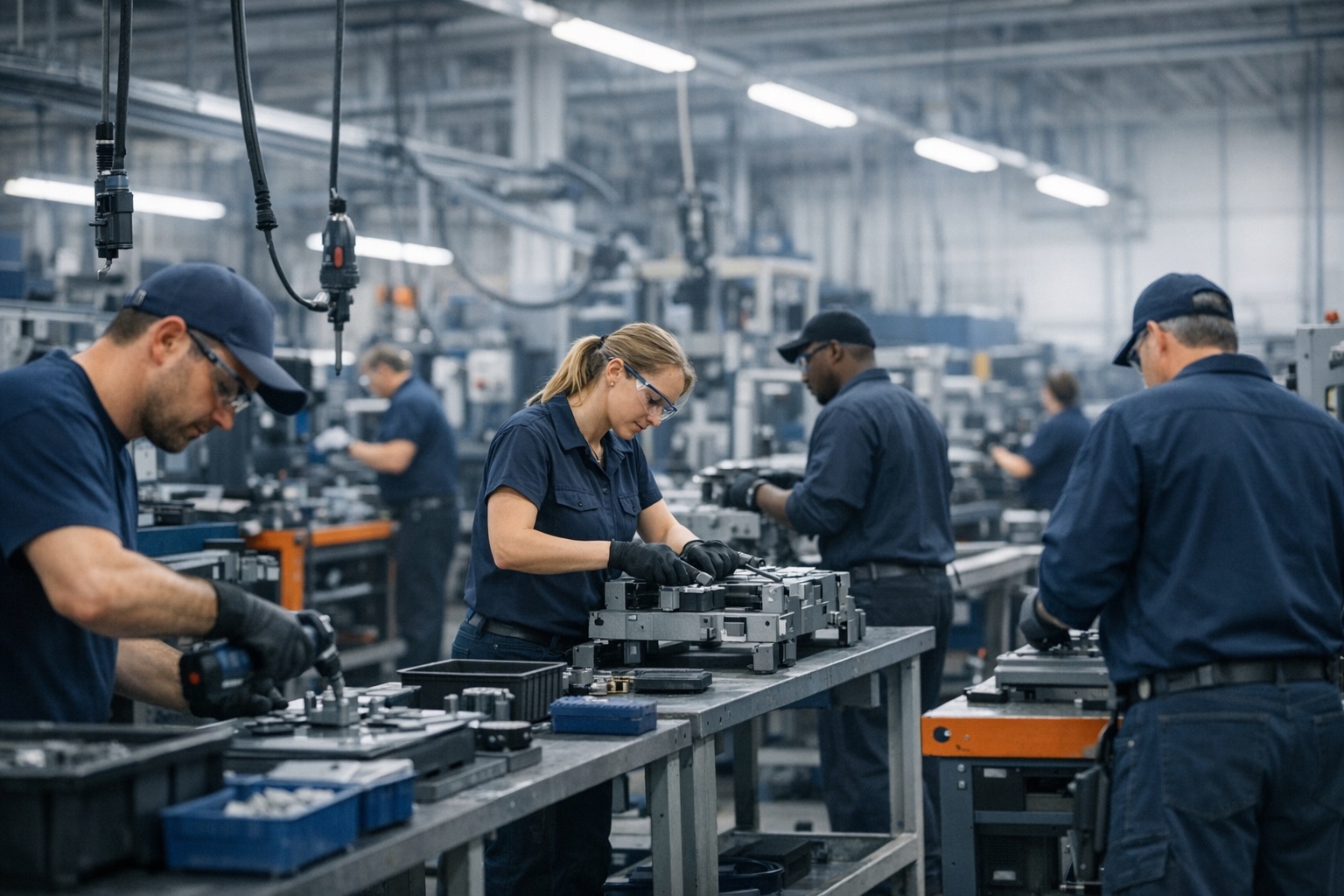 Production floor with operators working across assembly stations